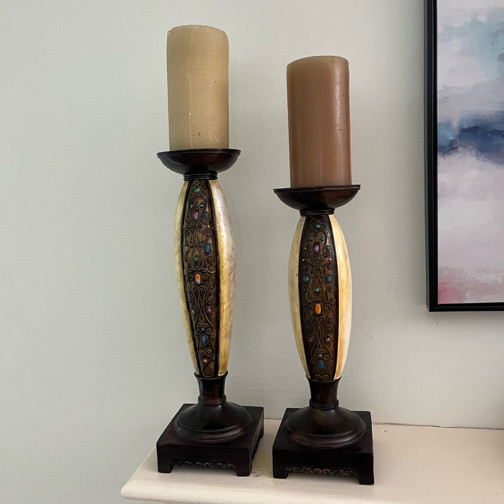 Large Wooden Candle Holders Brown and Cream